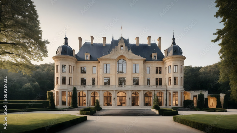 Renovated Castle with Modern Additions, Combining Classic Architecture with Contemporary Glass Elements.