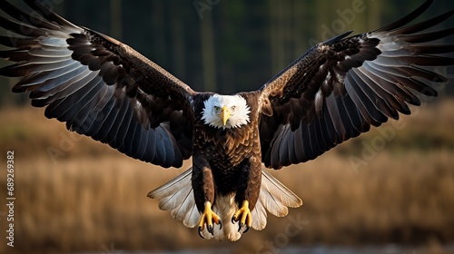 A pair of bald eagles with their wings spread wide open photo