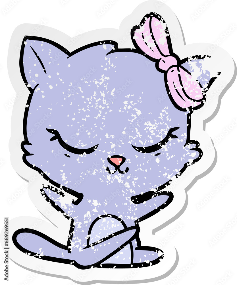 distressed sticker of a cute cartoon cat with bow distressed sticker of a cute cartoon cat with bow