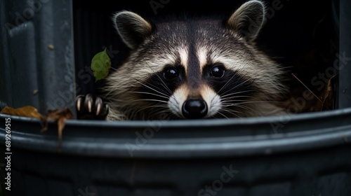 A raccoon is examining a trash can with curiosity.