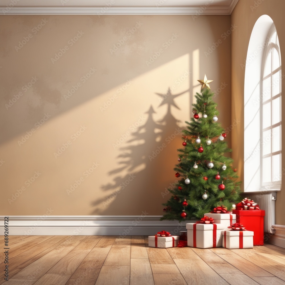 Empty unfurnished nostalgic retro living room with a few wrapped gifts under the Christmas decorated tree in front of an empty plaster wall with copy space. Empty unfurnished nostalgic retro living room with a few wrapped gifts under the Christmas decorated tree in front of an empty plaster wall with copy space.