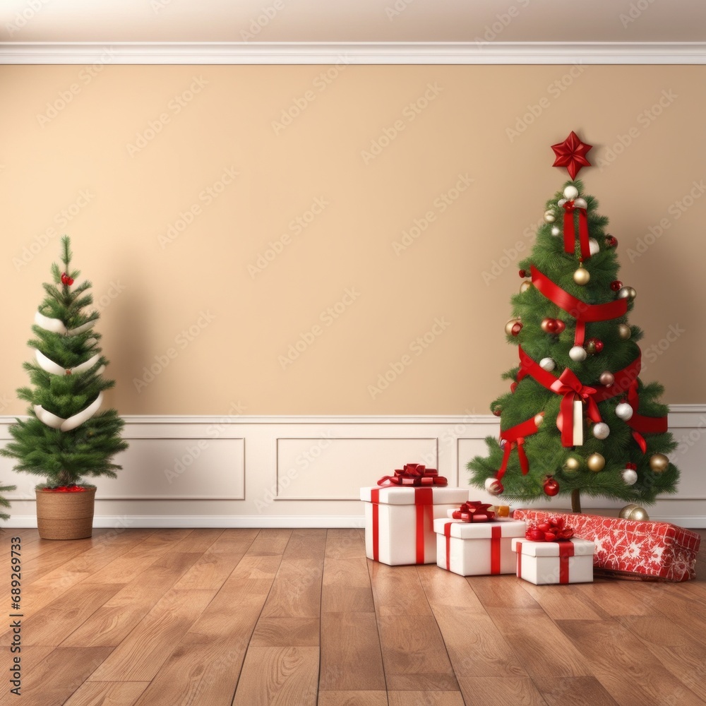Empty unfurnished nostalgic retro living room with a few wrapped gifts under the Christmas decorated tree in front of an empty plaster wall with copy space. Empty unfurnished nostalgic retro living room with a few wrapped gifts under the Christmas decorated tree in front of an empty plaster wall with copy space.