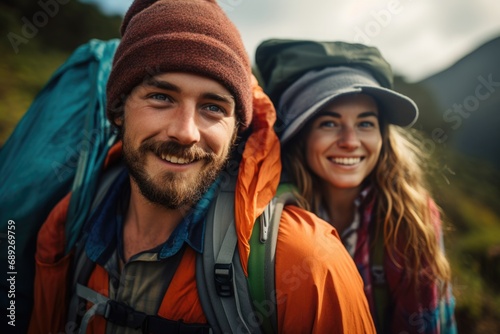 tourists go hiking, mountains and lake