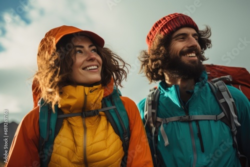 tourists go hiking, mountains and lake