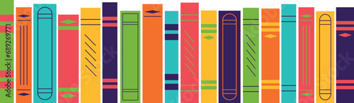 Multicolored book spines. Row books on a transparent background, design element. Vector illustration in flat style, 10 eps