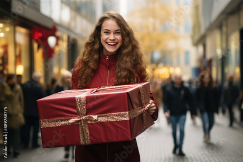 Attractive young girl smiling with happiness while she holds huge giant red Christmas gift box in hands on street. 8 march present, big sale discount, shopping on Black Friday time concept