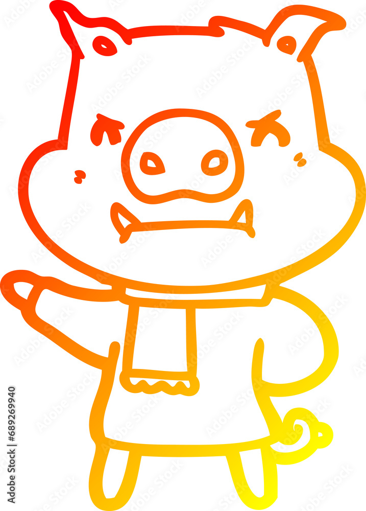 warm gradient line drawing of a angry cartoon pig in winter clothes warm gradient line drawing of a angry cartoon pig in winter clothes