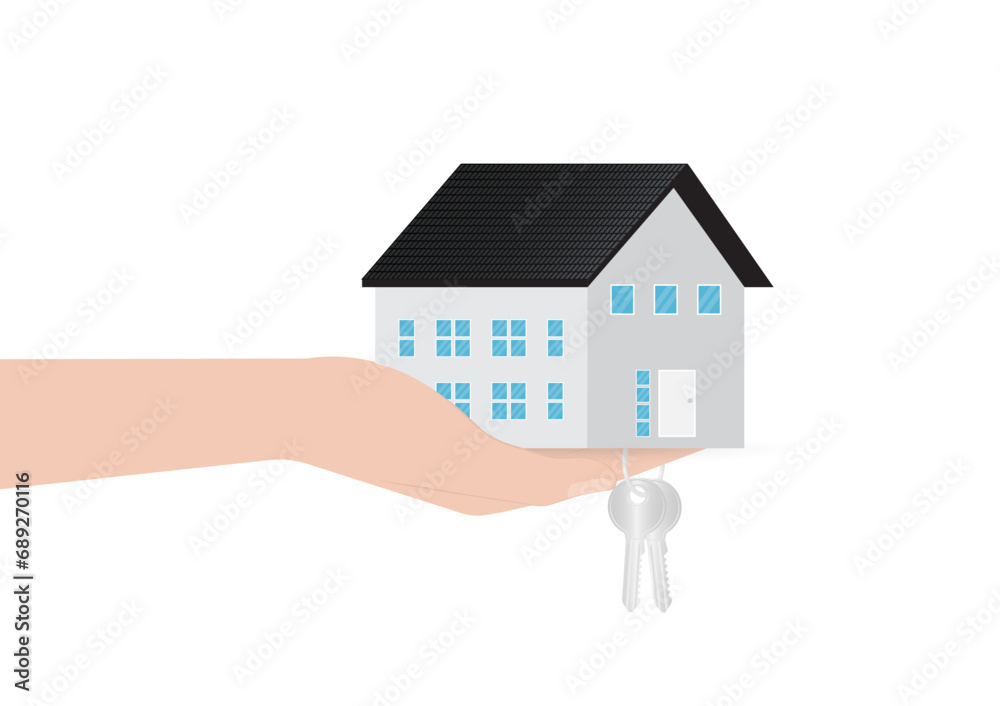 Hand Holding House and Key. House Real Estate Property. House Loan, Mortgage or Renting House Concept. Vector Illustration. Hand Holding House and Key. House Real Estate Property. House Loan, Mortgage or Renting House Concept. Vector Illustration.
