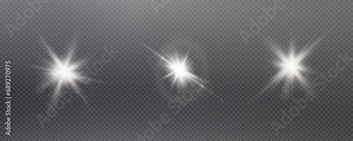 Set of realistic vector white stars png. Set of vector suns png. White flares with highlights.	
