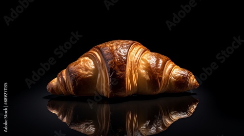 Isolated on a black reflective studio background, a croissant on a black shiny mirror is the perfect background for every concept.