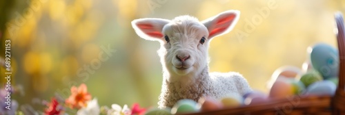 Cute and adorable lamb in a wicker basket with Easter eggs and flowers. Spring holiday wide panoramic banner. photo