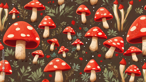 Seamless pattern with red toadstools on a green background
