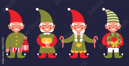 Funny Christmas elves isolated on dark background. Four Santa's helpers with a wreath, a gift box, candy canes and a lantern.