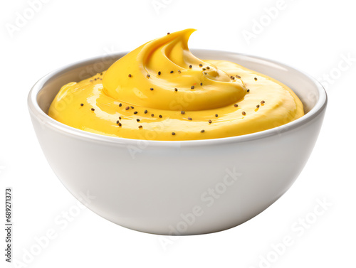Mustard sauce in a bowl, isolated on a transparent or white background