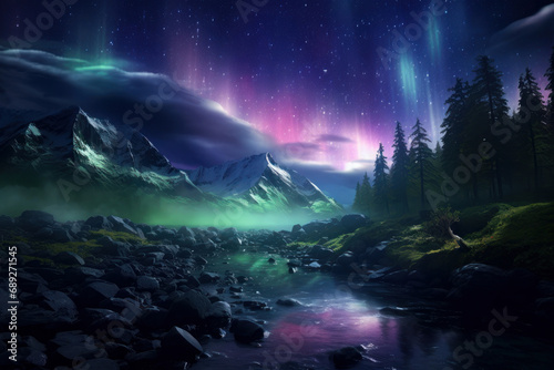 Northern lights over the Nordic landscape. Generative AI.