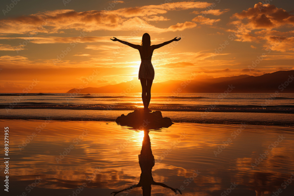 young woman saluting the rising sun. Generative AI. young woman saluting the rising sun. Generative AI.