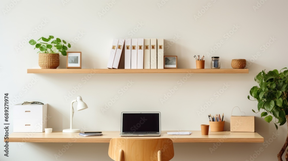 Obraz premium Cozy Minimalist Home Office with Light Oak Desk