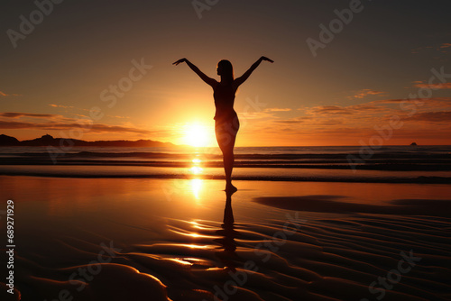 young woman saluting the rising sun. Generative AI.