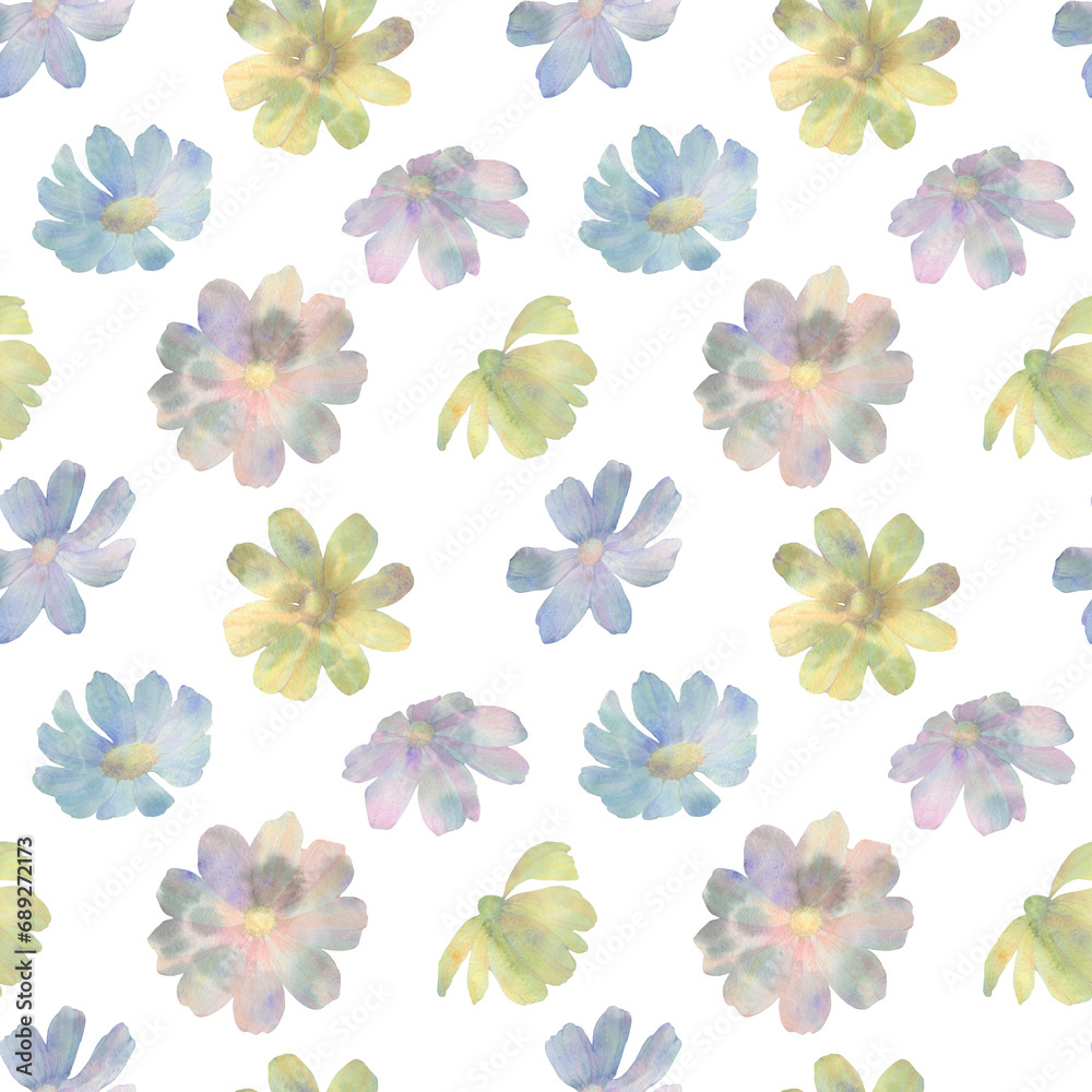 seamless pattern of watercolor flowers, on a white background