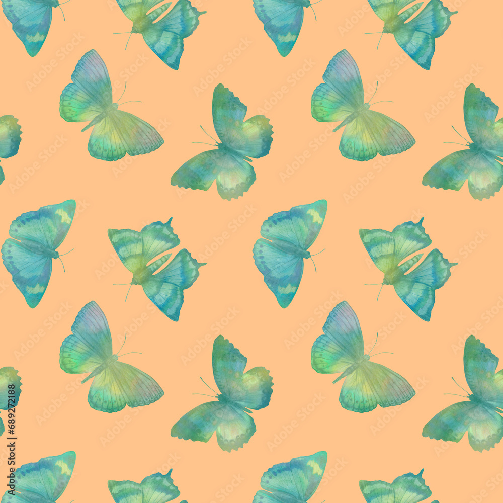 Seamless watercolor butterfly pattern in green on pink background