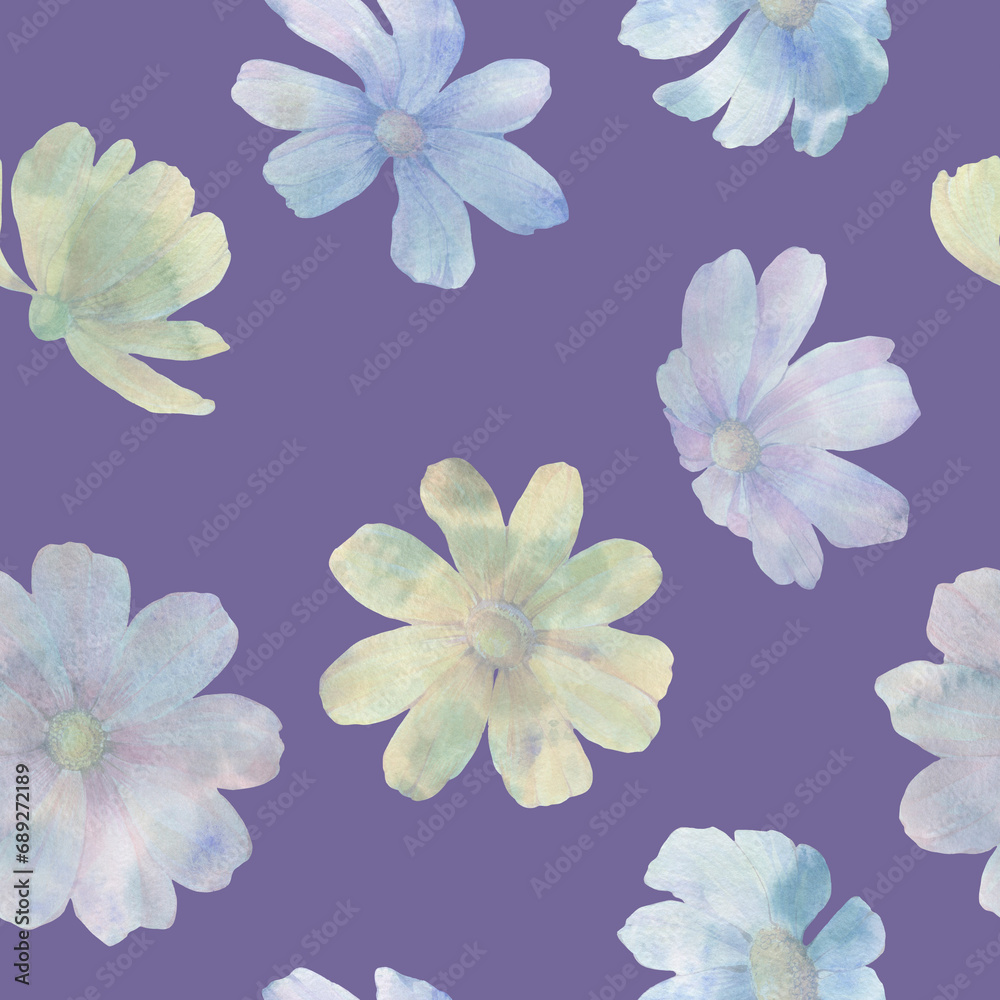 seamless botanical pattern, flowers drawn in watercolor
