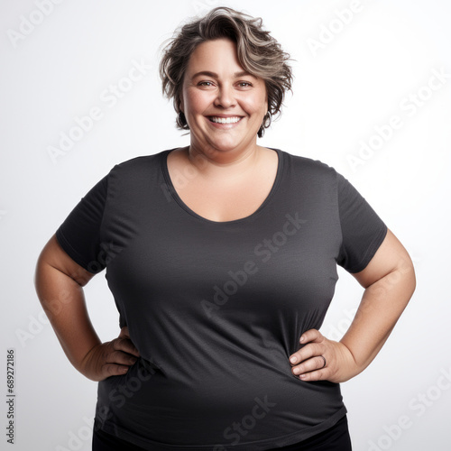 A happy woman wearing gray gilden canvas  t-shirt mockup template, gray woman sweatshirt mockup photo