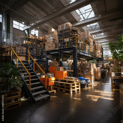 warehouse indoor view with a mezzanine level, showcasing boxes stored on multiple levels and accessed by stairs or lifts, Distribution center
