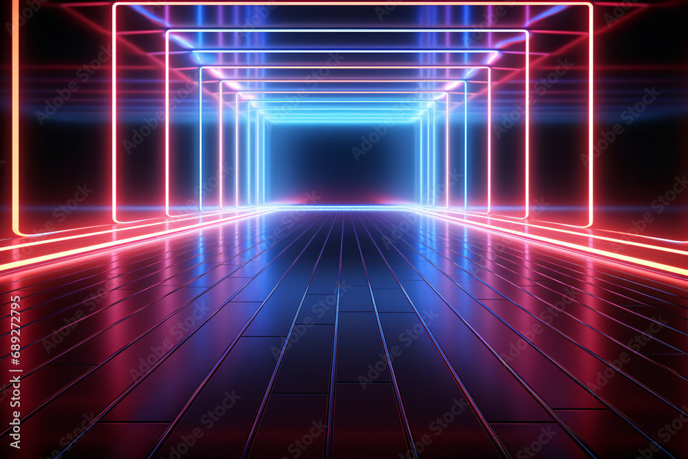 3D render of an empty room with floor reflections and dynamic abstract neon background.