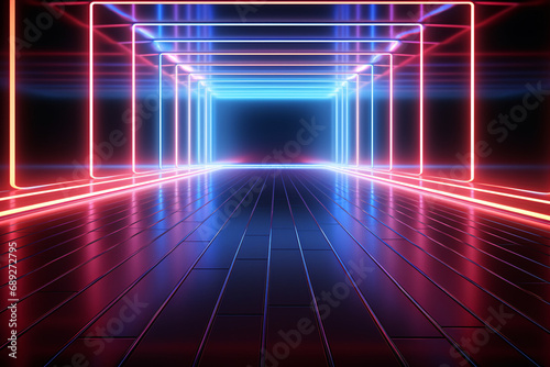 3D render of an empty room with floor reflections and dynamic abstract neon background.