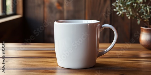 Clean coffee mug mockup on a wooden kitchen table.