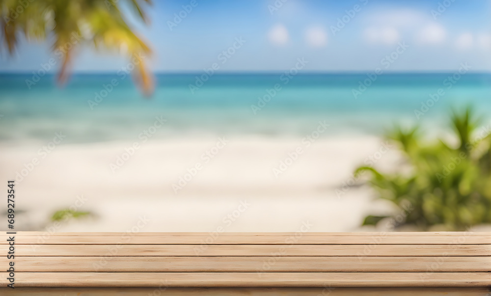 Fototapeta premium Empty wooden table, blurred summer sea background with copy space for your product