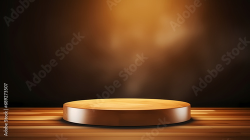 Product Display Wood ,Empty golden podium. Illustration ,Wood Platform Background, Abstract concept scene, Wooden cylinder podium at the center of a dark background with