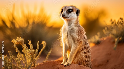 An alert meerkat is standing and admiring the beauty of nature at dusk.