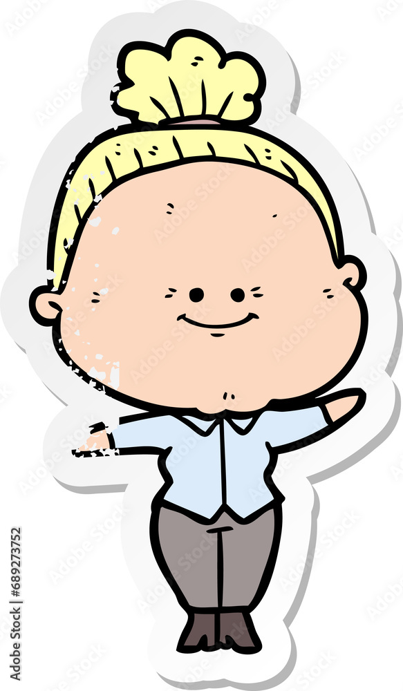 distressed sticker of a cartoon happy old woman distressed sticker of a cartoon happy old woman