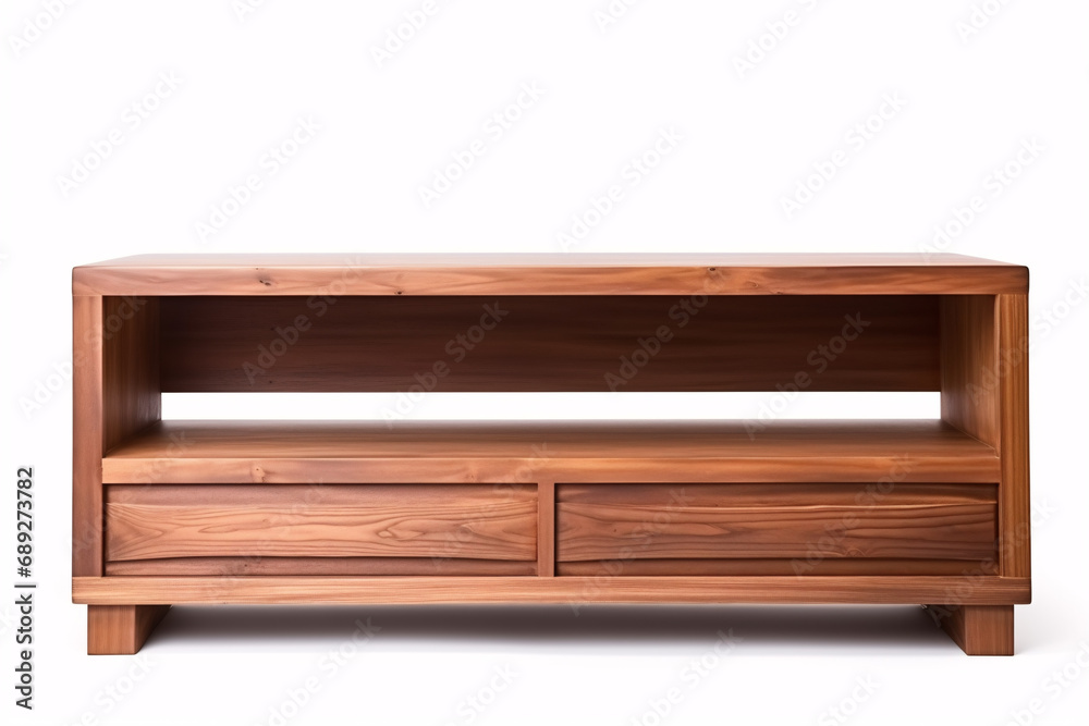 A mahogany TV stand standing alone against a pristine white backdrop is photographed from the front. A mahogany TV stand standing alone against a pristine white backdrop is photographed from the front.
