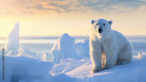 In a peaceful scene, a majestic arctic animal is gazing at the camera.