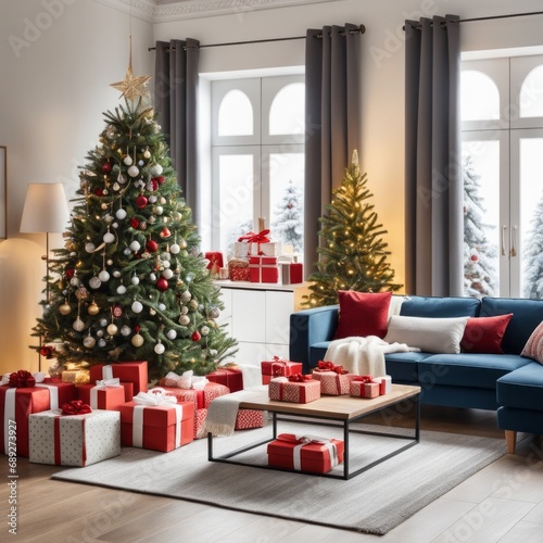 Modern Living Room Interior With Christmas Tree, Gift Boxes, Sofa And coffee table.