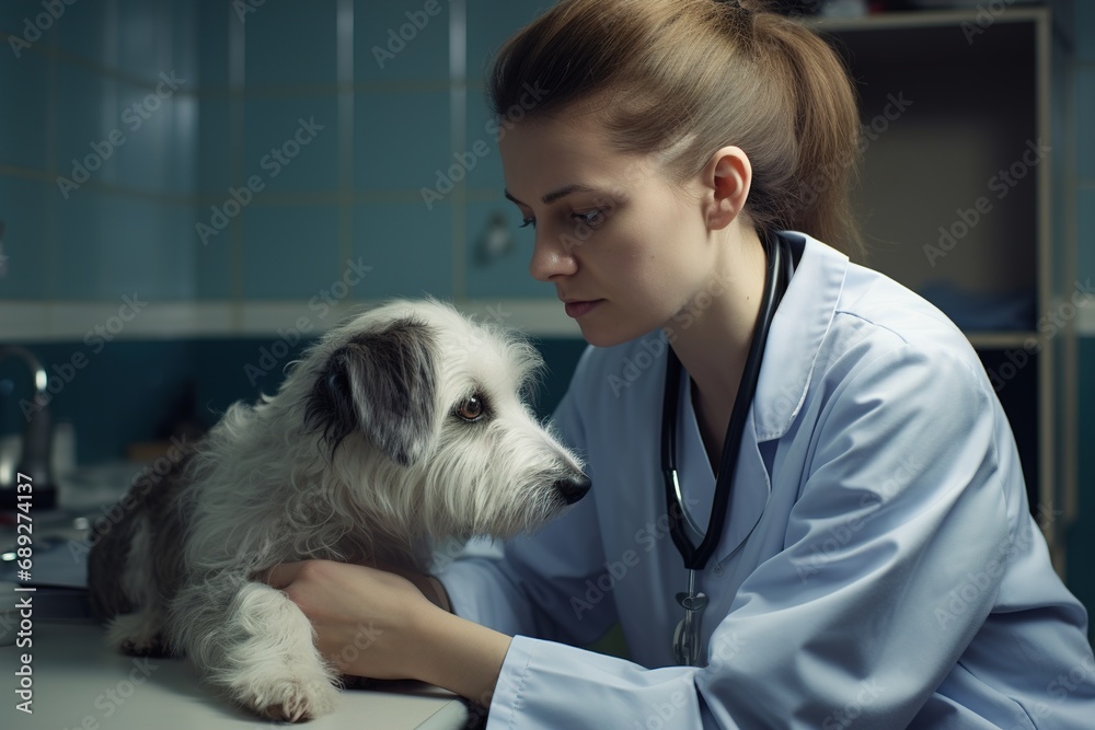 The veterinarian examines the Dog. A healthy pet is being examined in a modern veterinary clinic with a happy caring doctor The veterinarian examines the Dog. A healthy pet is being examined in a modern veterinary clinic with a happy caring doctor