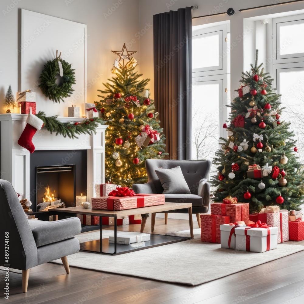 Modern Living Room Interior With Christmas Tree, Gift Boxes, Sofa And coffee table. Modern Living Room Interior With Christmas Tree, Gift Boxes, Sofa And coffee table.