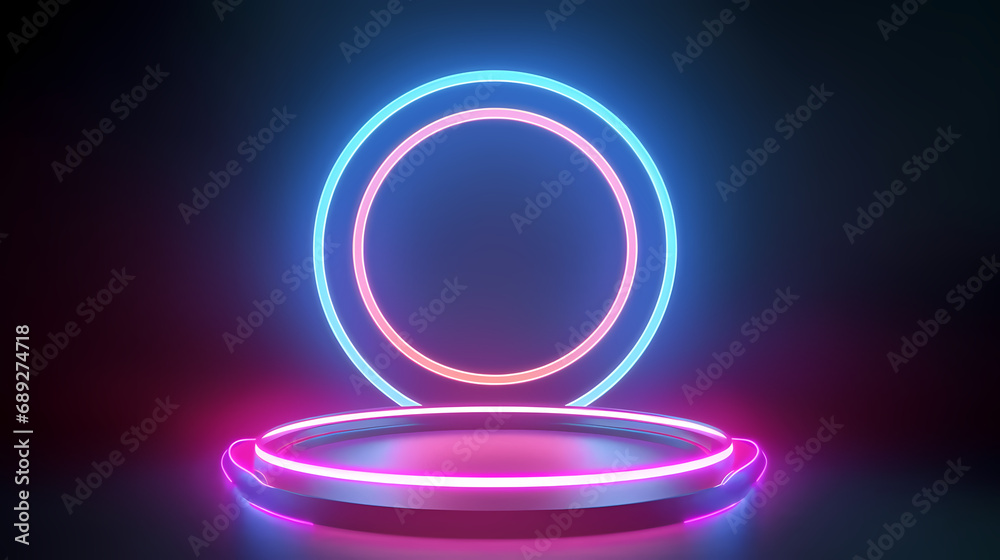Glowing round neon lights, abstract background. technology product advertising concept, laser show. 3d rendering