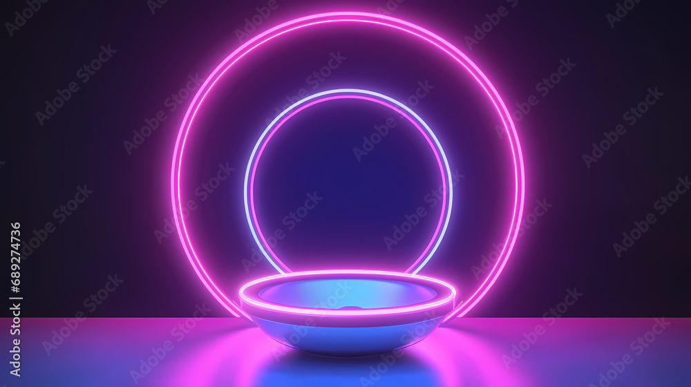 Glowing round neon lights, abstract background. technology product advertising concept, laser show. 3d rendering Glowing round neon lights, abstract background. technology product advertising concept, laser show. 3d rendering
