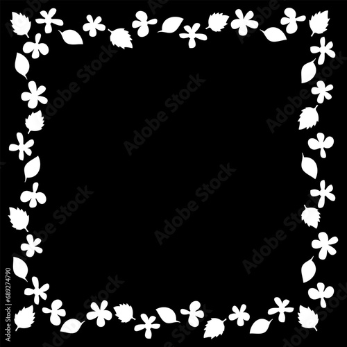 Vector abstract frame in the form of white flowers and leaves on a black background