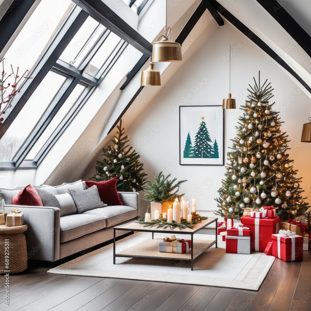 Modern Living Room Interior With Christmas Tree, Gift Boxes, Sofa And coffee table.