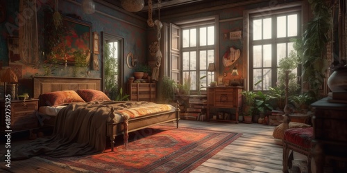 Bohemian style bedroom interior with plenty of different decor
