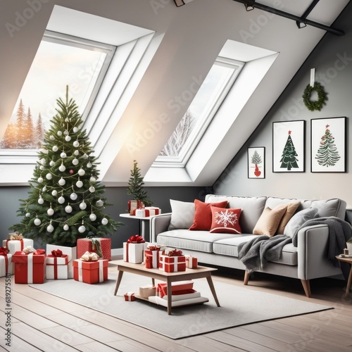 Modern Living Room Interior With Christmas Tree  Gift Boxes  Sofa And coffee table.