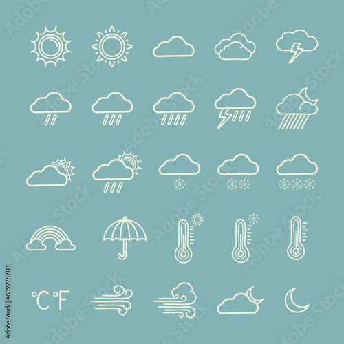 White linear doodle weather icon set on blue. Vector illustration. 