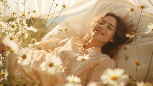 portrait of young European lady sleeping happily in a flora bed field wearing a flora dress, miracle morning blessing 