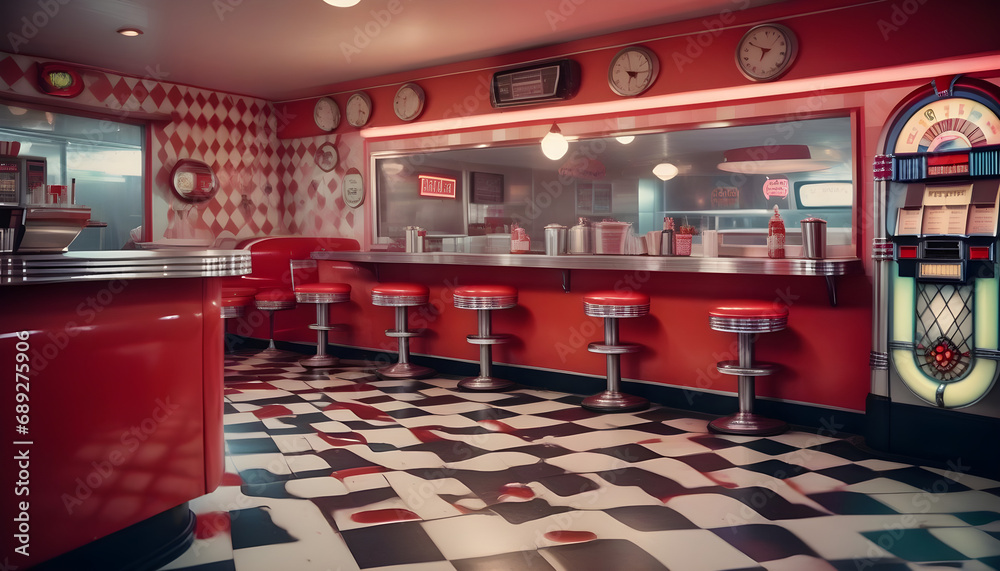 A retro style diner kitchen complete with checkered floors, red vinyl bar stools, and a jukebox playing classic tunes, exuding nostalgic vibes ai generative