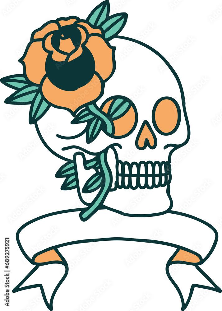 Obraz premium traditional tattoo with banner of a skull and rose