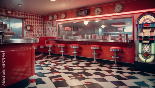 A retro style diner kitchen complete with checkered floors, red vinyl bar stools, and a jukebox playing classic tunes, exuding nostalgic vibes ai generative © Ebad